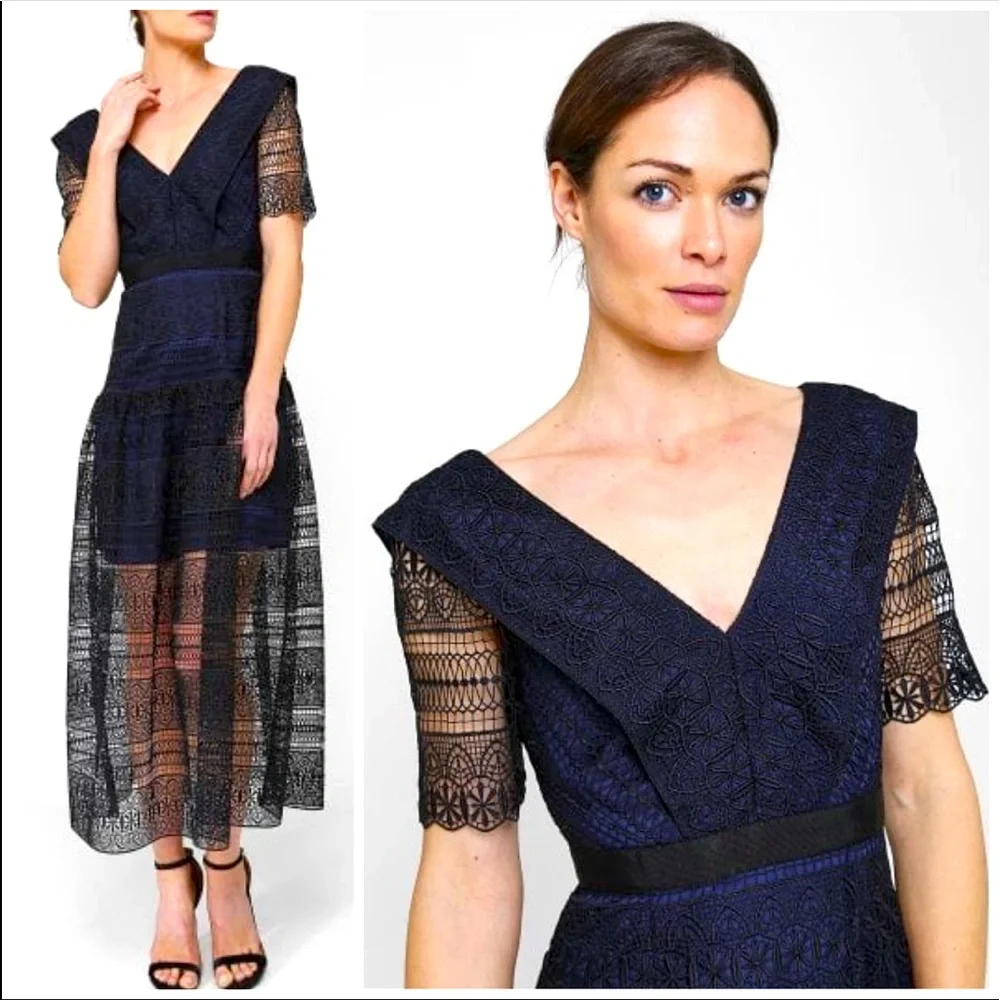 Self Portrait Spiral Panel Lace Midi Dress Navy Blue US Size 6 NEW - Picture 3 of 13